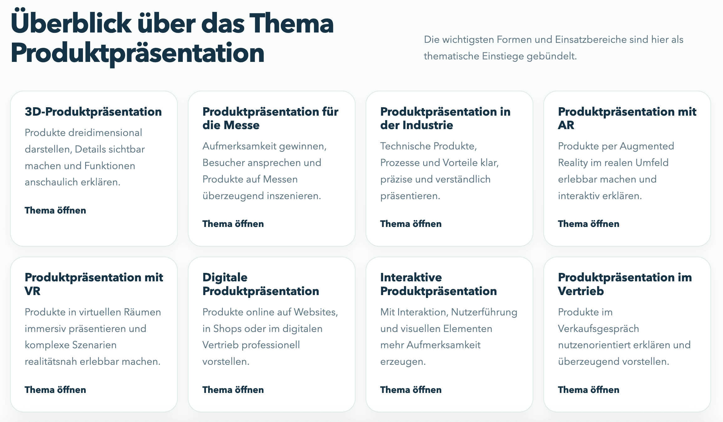 Themenübersicht mit Kacheln zu Produktpräsentationen