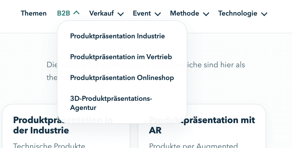 Dropdown Navigation mit B2B Themen