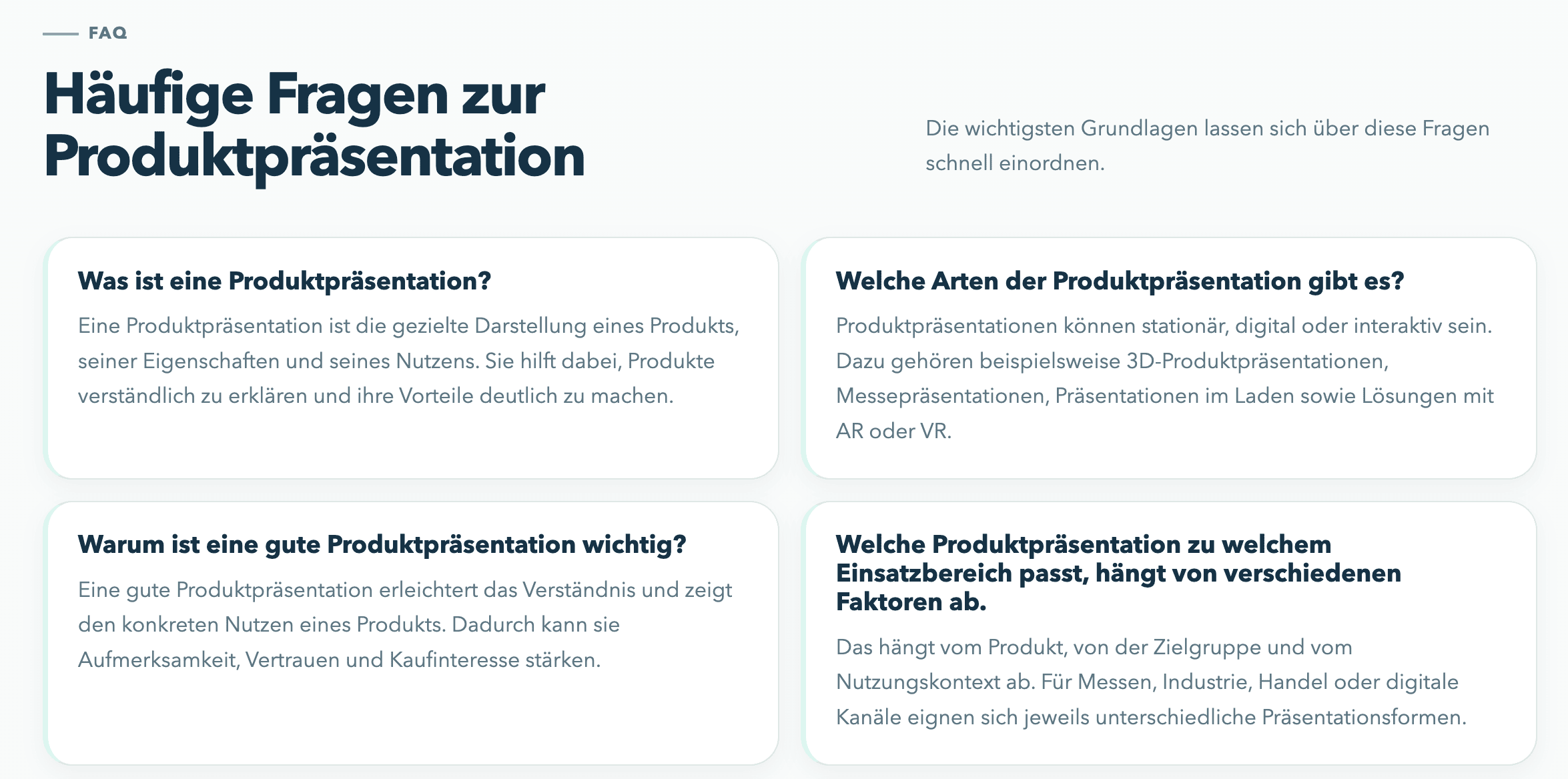 FAQ Bereich mit häufigen Fragen zur Produktpräsentation