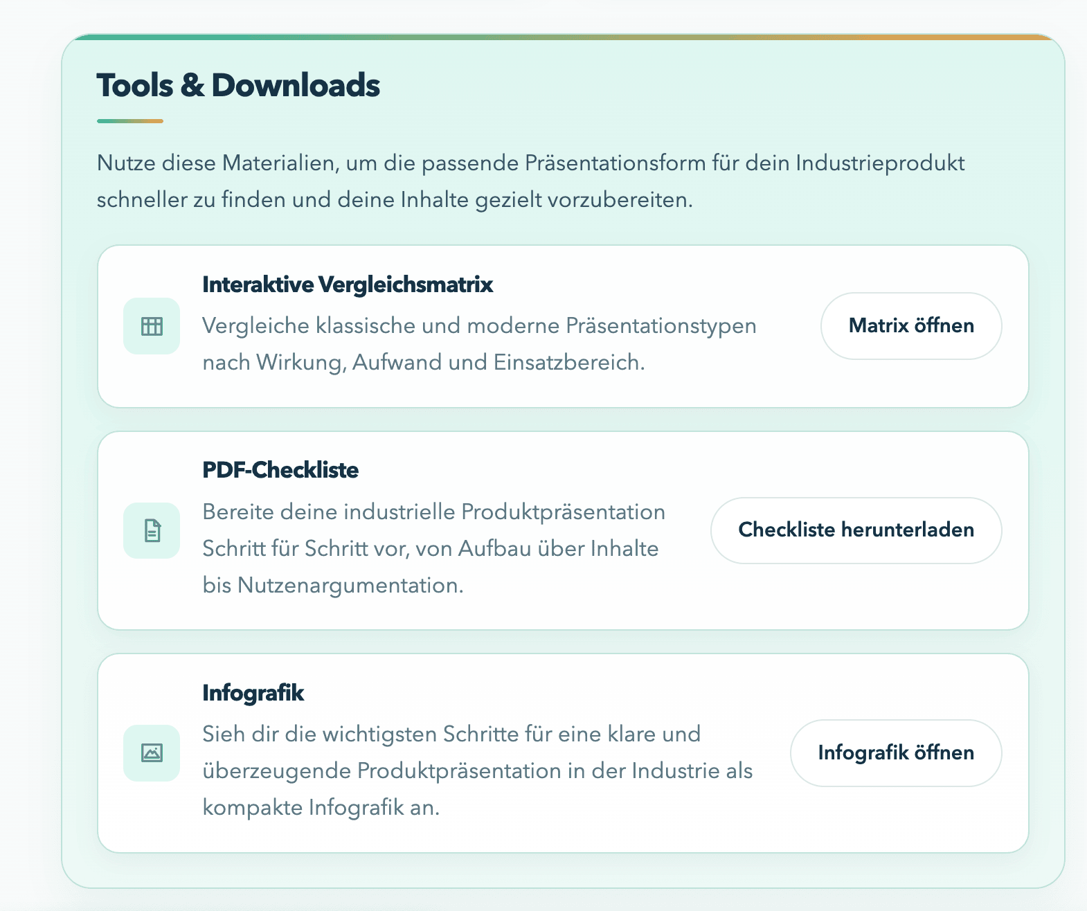 Tools und Downloads Bereich mit drei Karten